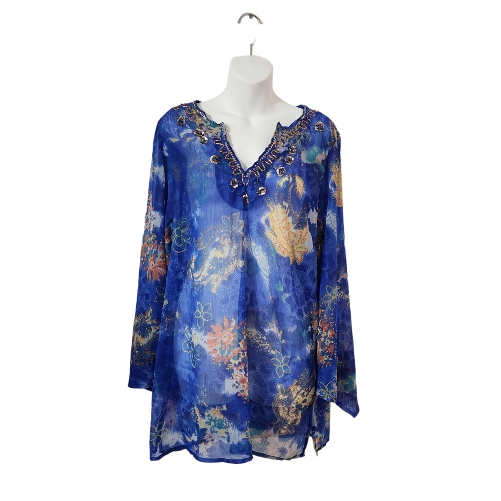 FOLIA women floral print design sheer light blue and yellow shirt blouse size XL